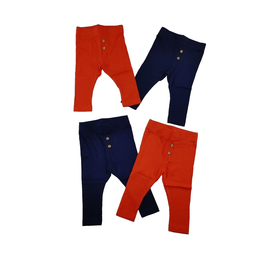 Ribbed Cotton Leggings Buttons 2 Sets of 2 Size 3-6M Navy Blue & Coral Orange